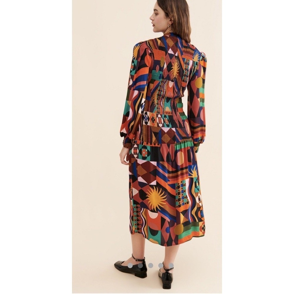 Farm Rio Dress Womens Small Tropical Geo‎ Smocked Midi High Neck Puff Sleeve - Picture 3 of 10